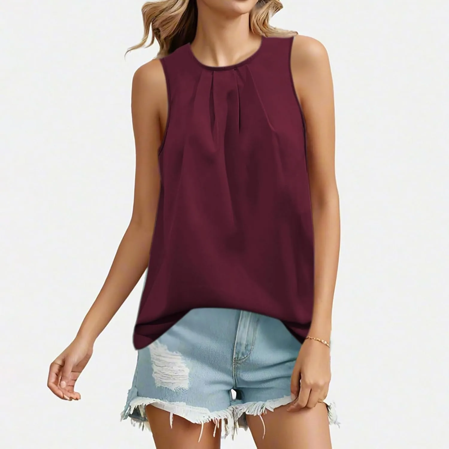 Women's Tank Tops Summer Solid Color Crewneck Sleeveless Pleated Blouse Casual Fashion Loose Fit Dressy Tunic Shirts