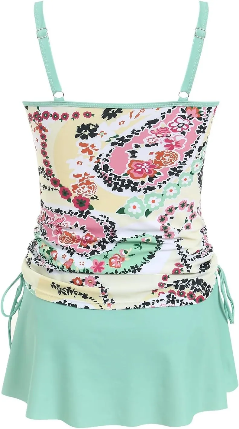 Women's Tankini Bathing Suits with Skirt Two Piece V Neck Tummy Control Swimsuits High Waisted Bikini Ladies Swimwear