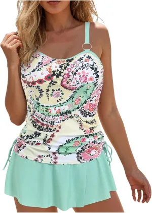 Women's Tankini Bathing Suits with Skirt Two Piece V Neck Tummy Control Swimsuits High Waisted Bikini Ladies Swimwear