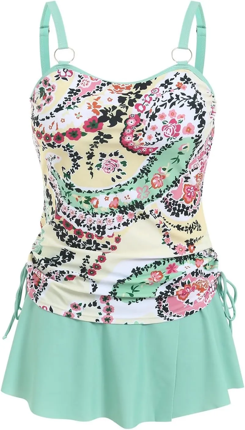 Women's Tankini Bathing Suits with Skirt Two Piece V Neck Tummy Control Swimsuits High Waisted Bikini Ladies Swimwear