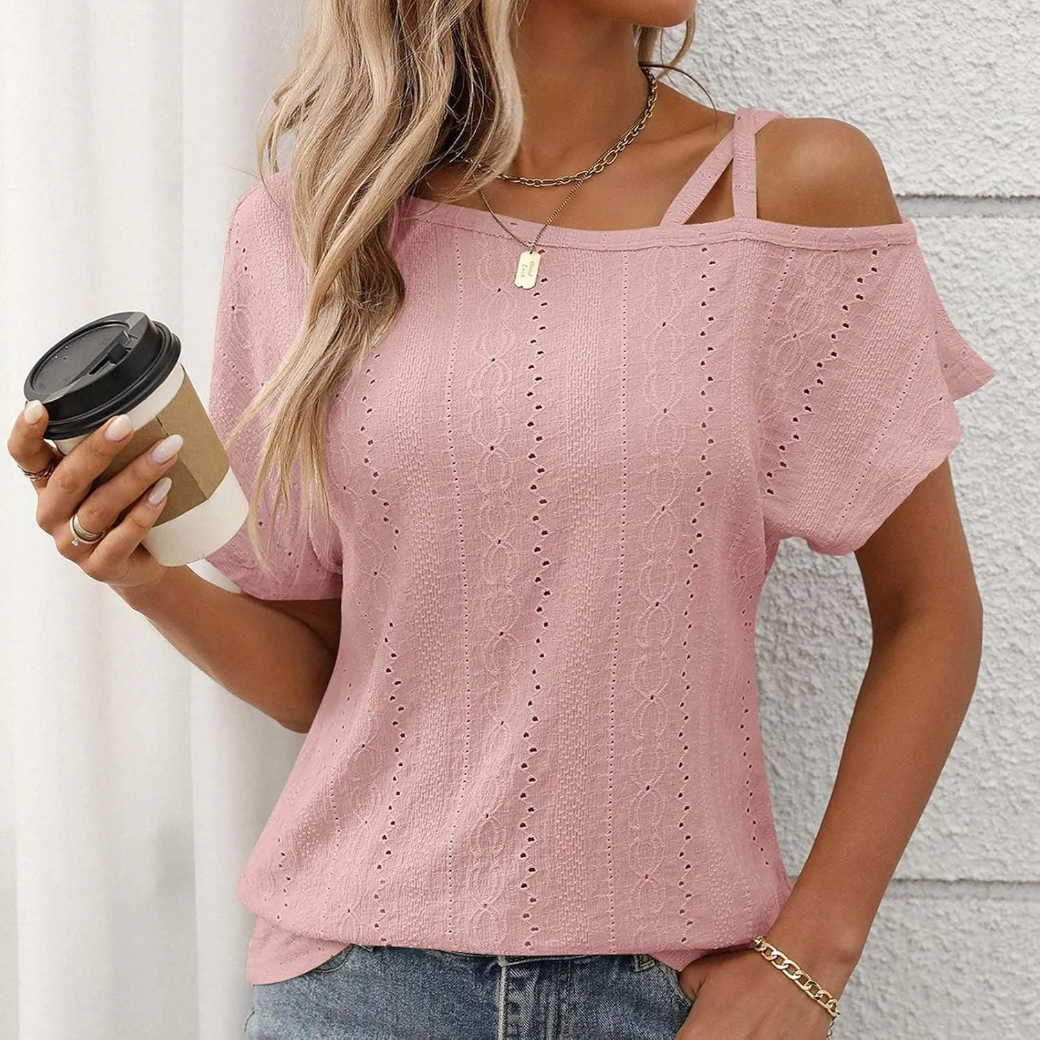 Women's Tops One Shoulder Summer Short Sleeve T-Shirt Eyelet Spaghetti Strap Asymmetric Neck Casual Tops Sexy Tees
