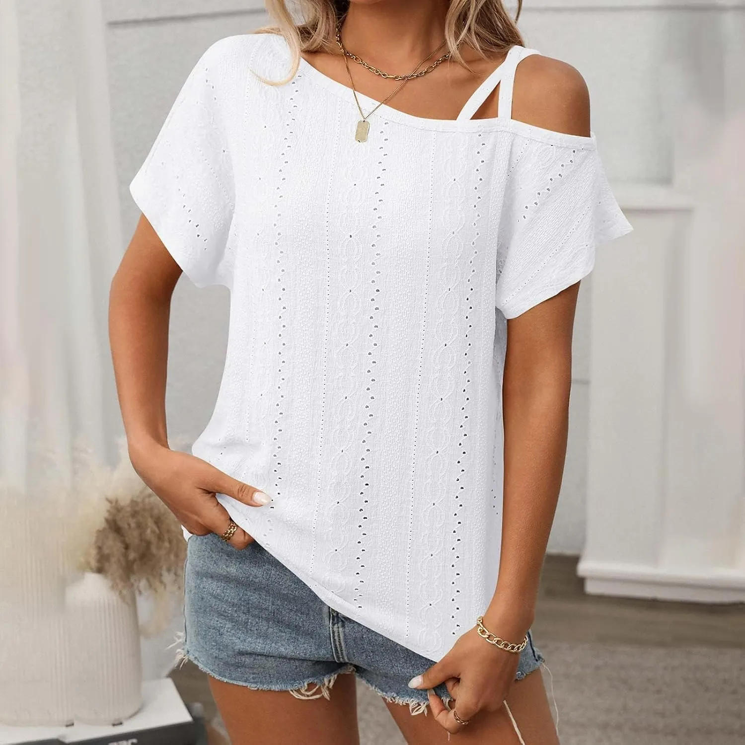 Women's Tops One Shoulder Summer Short Sleeve T-Shirt Eyelet Spaghetti Strap Asymmetric Neck Casual Tops Sexy Tees