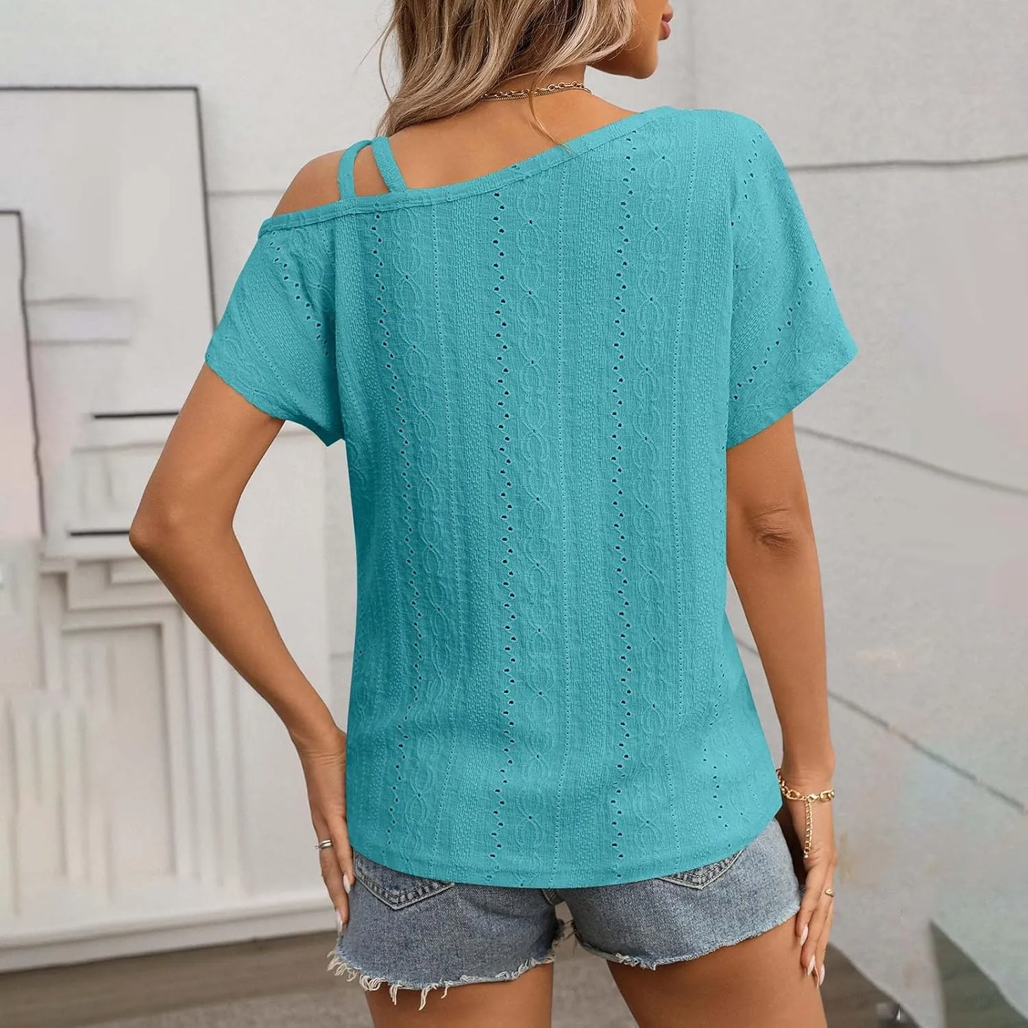 Women's Tops One Shoulder Summer Short Sleeve T-Shirt Eyelet Spaghetti Strap Asymmetric Neck Casual Tops Sexy Tees