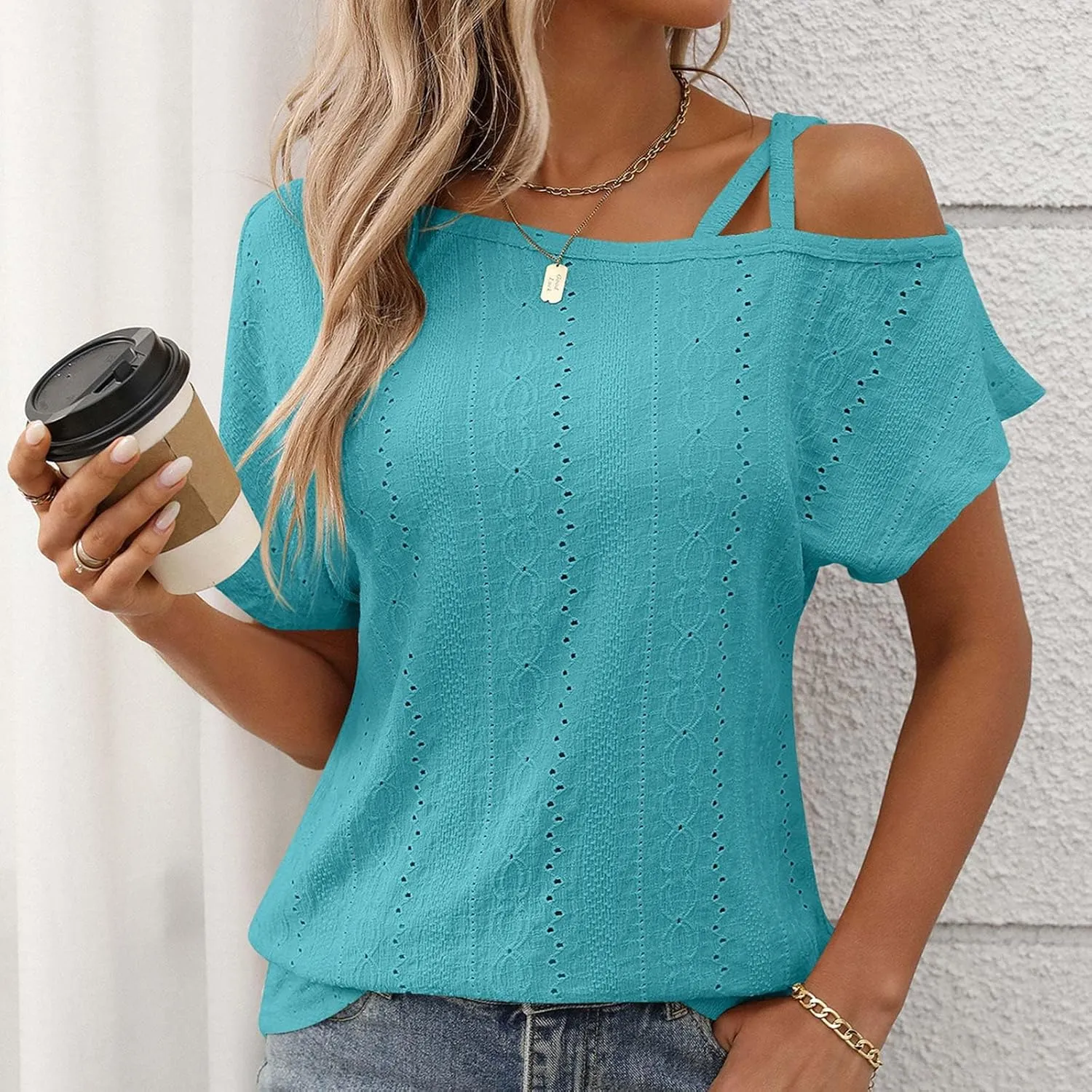 Women's Tops One Shoulder Summer Short Sleeve T-Shirt Eyelet Spaghetti Strap Asymmetric Neck Casual Tops Sexy Tees