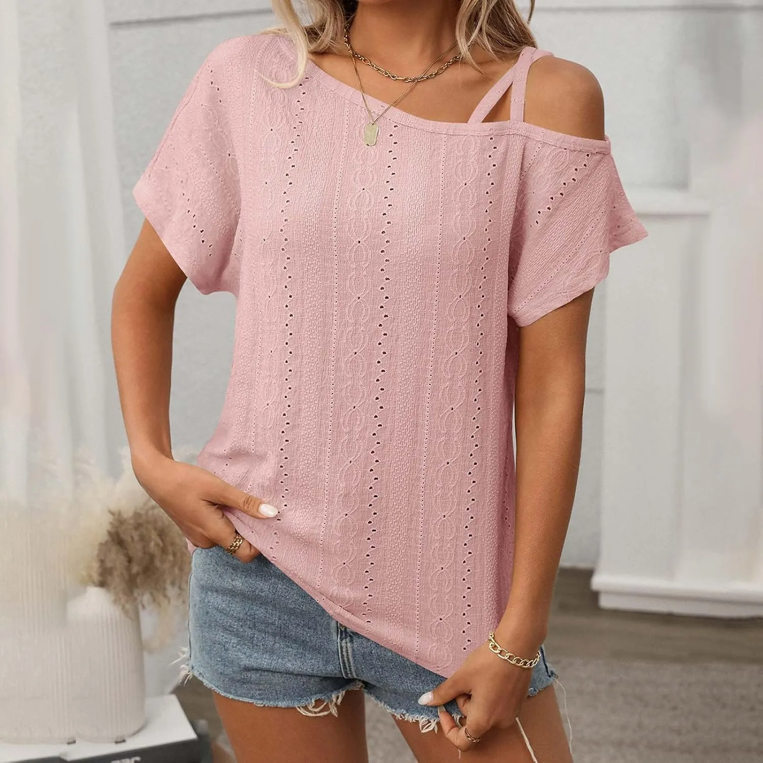 Women's Tops One Shoulder Summer Short Sleeve T-Shirt Eyelet Spaghetti Strap Asymmetric Neck Casual Tops Sexy Tees