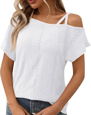 Women's Tops One Shoulder Summer Short Sleeve T-Shirt Eyelet Spaghetti Strap Asymmetric Neck Casual Tops Sexy Tees