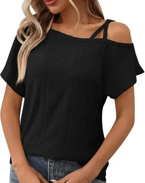 Women's Tops One Shoulder Summer Short Sleeve T-Shirt Eyelet Spaghetti Strap Asymmetric Neck Casual Tops Sexy Tees