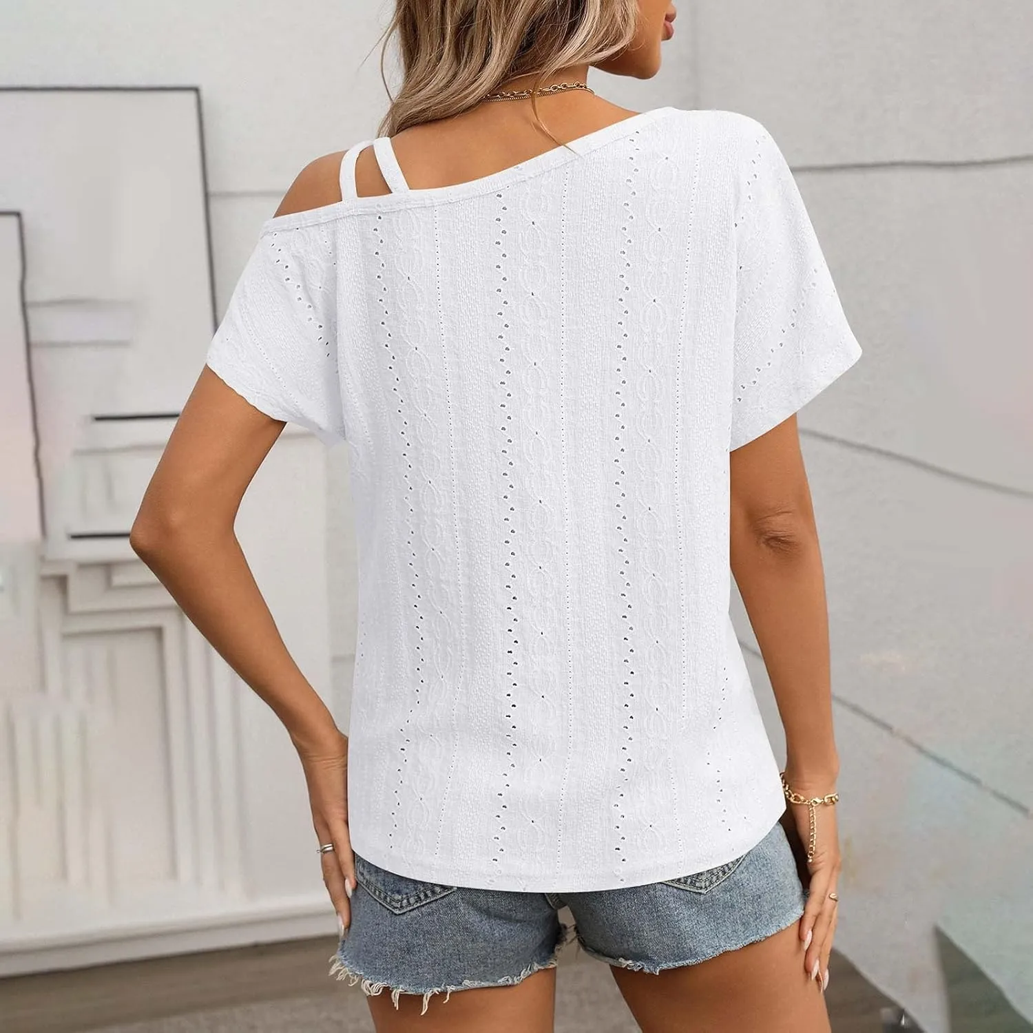 Women's Tops One Shoulder Summer Short Sleeve T-Shirt Eyelet Spaghetti Strap Asymmetric Neck Casual Tops Sexy Tees