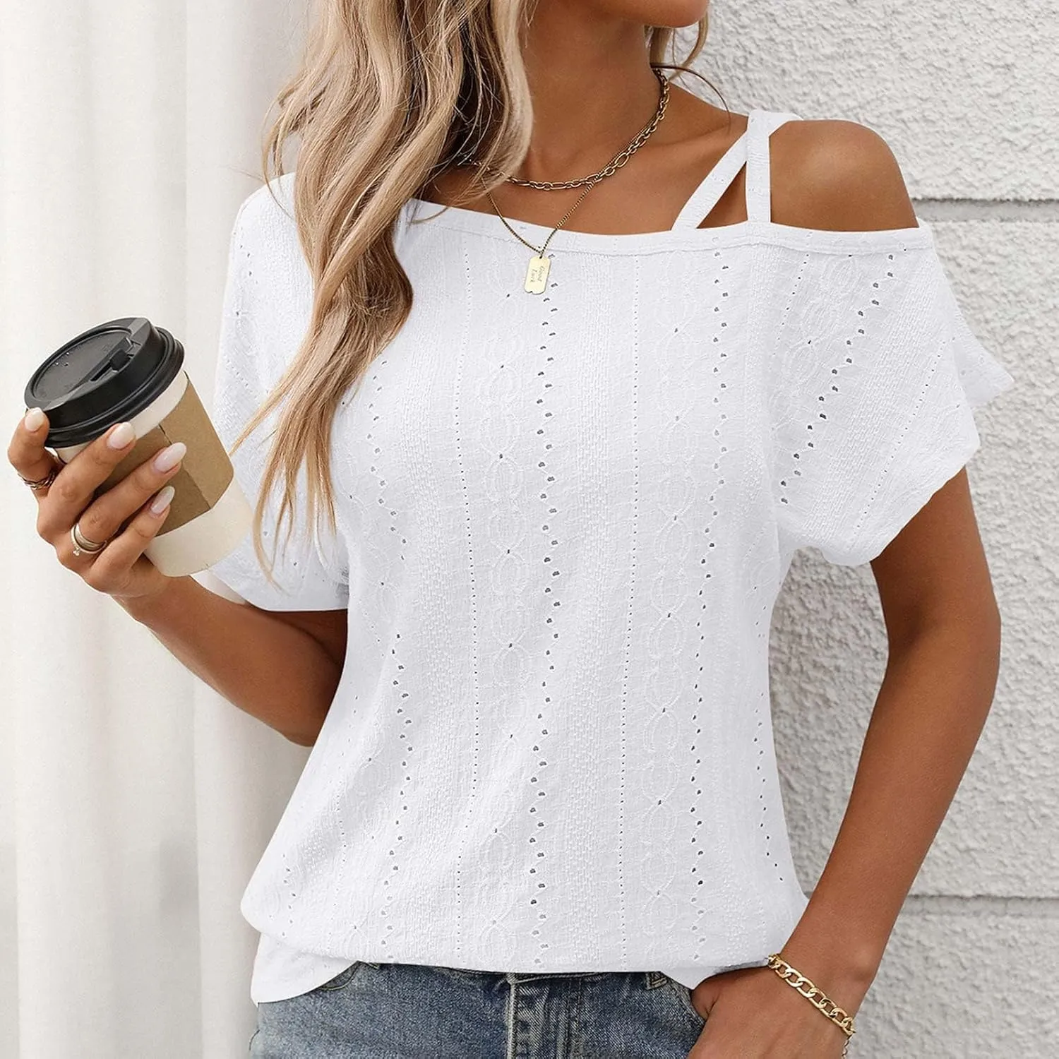 Women's Tops One Shoulder Summer Short Sleeve T-Shirt Eyelet Spaghetti Strap Asymmetric Neck Casual Tops Sexy Tees