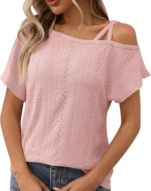 Women's Tops One Shoulder Summer Short Sleeve T-Shirt Eyelet Spaghetti Strap Asymmetric Neck Casual Tops Sexy Tees
