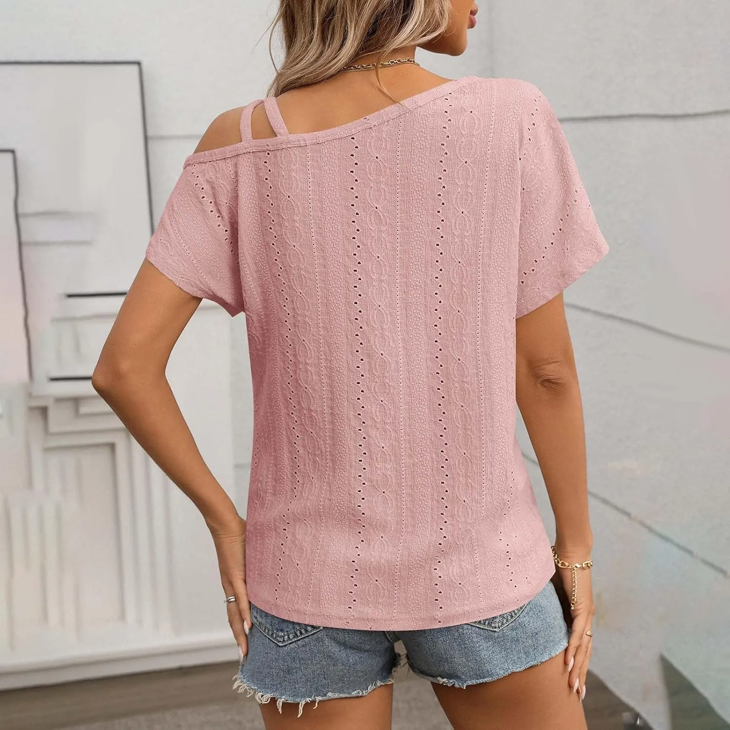 Women's Tops One Shoulder Summer Short Sleeve T-Shirt Eyelet Spaghetti Strap Asymmetric Neck Casual Tops Sexy Tees