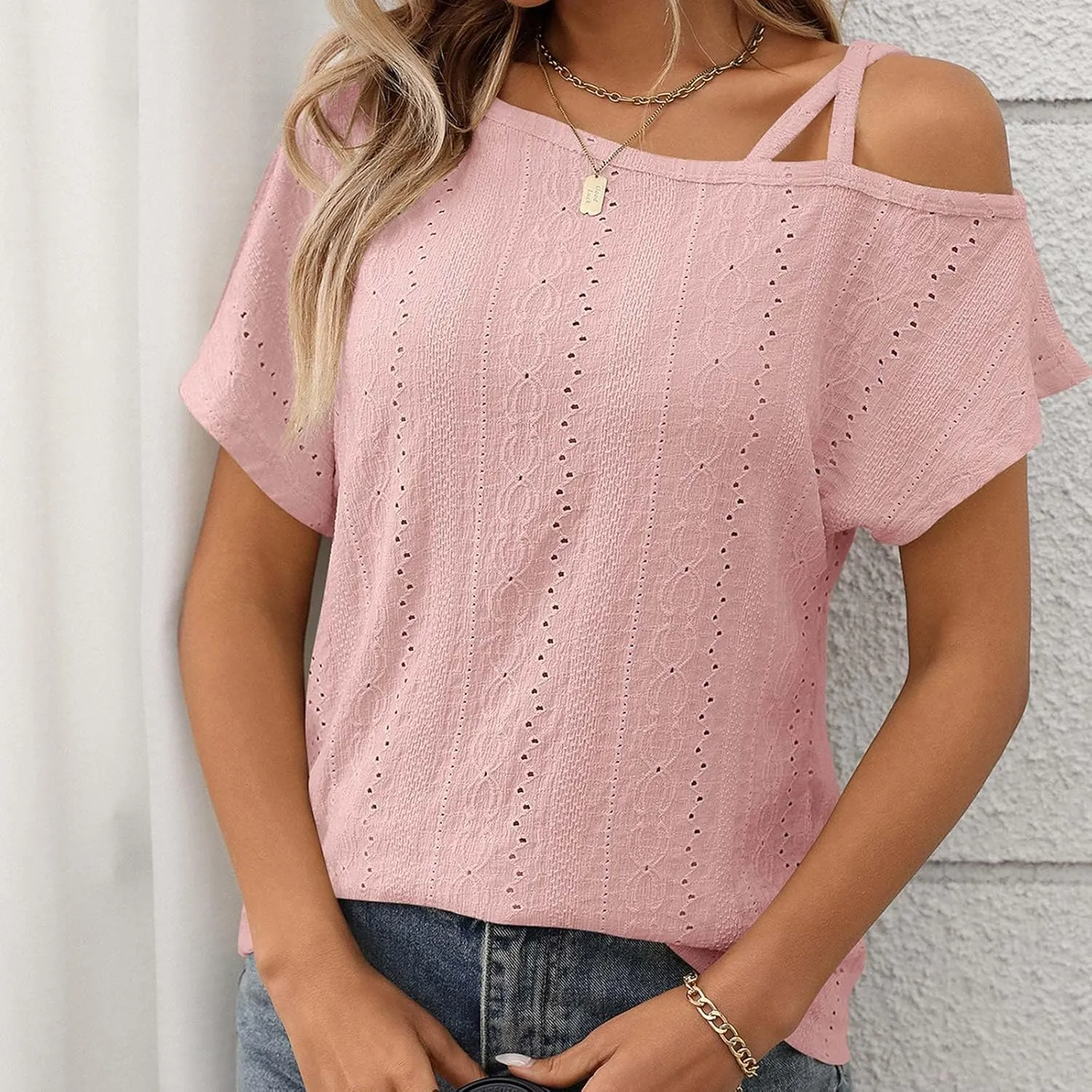 Women's Tops One Shoulder Summer Short Sleeve T-Shirt Eyelet Spaghetti Strap Asymmetric Neck Casual Tops Sexy Tees