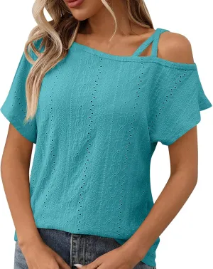 Women's Tops One Shoulder Summer Short Sleeve T-Shirt Eyelet Spaghetti Strap Asymmetric Neck Casual Tops Sexy Tees