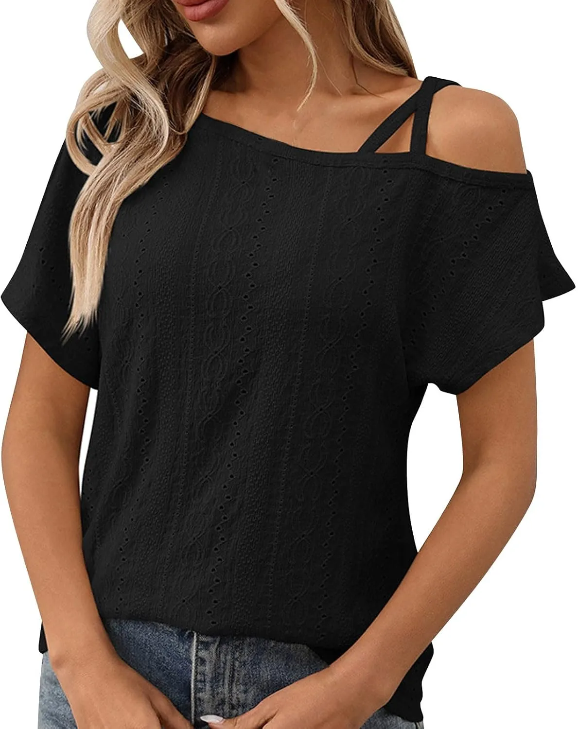 Women's Tops One Shoulder Summer Short Sleeve T-Shirt Eyelet Spaghetti Strap Asymmetric Neck Casual Tops Sexy Tees