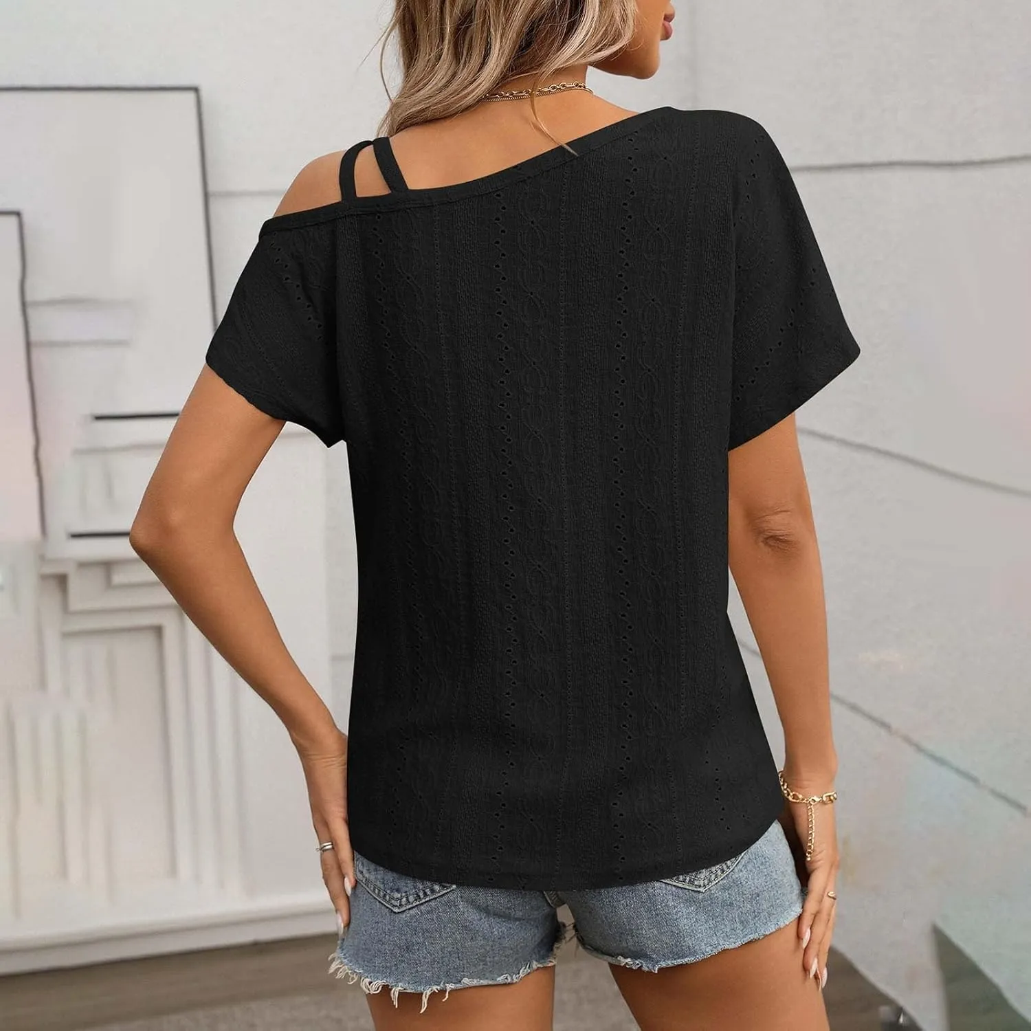 Women's Tops One Shoulder Summer Short Sleeve T-Shirt Eyelet Spaghetti Strap Asymmetric Neck Casual Tops Sexy Tees