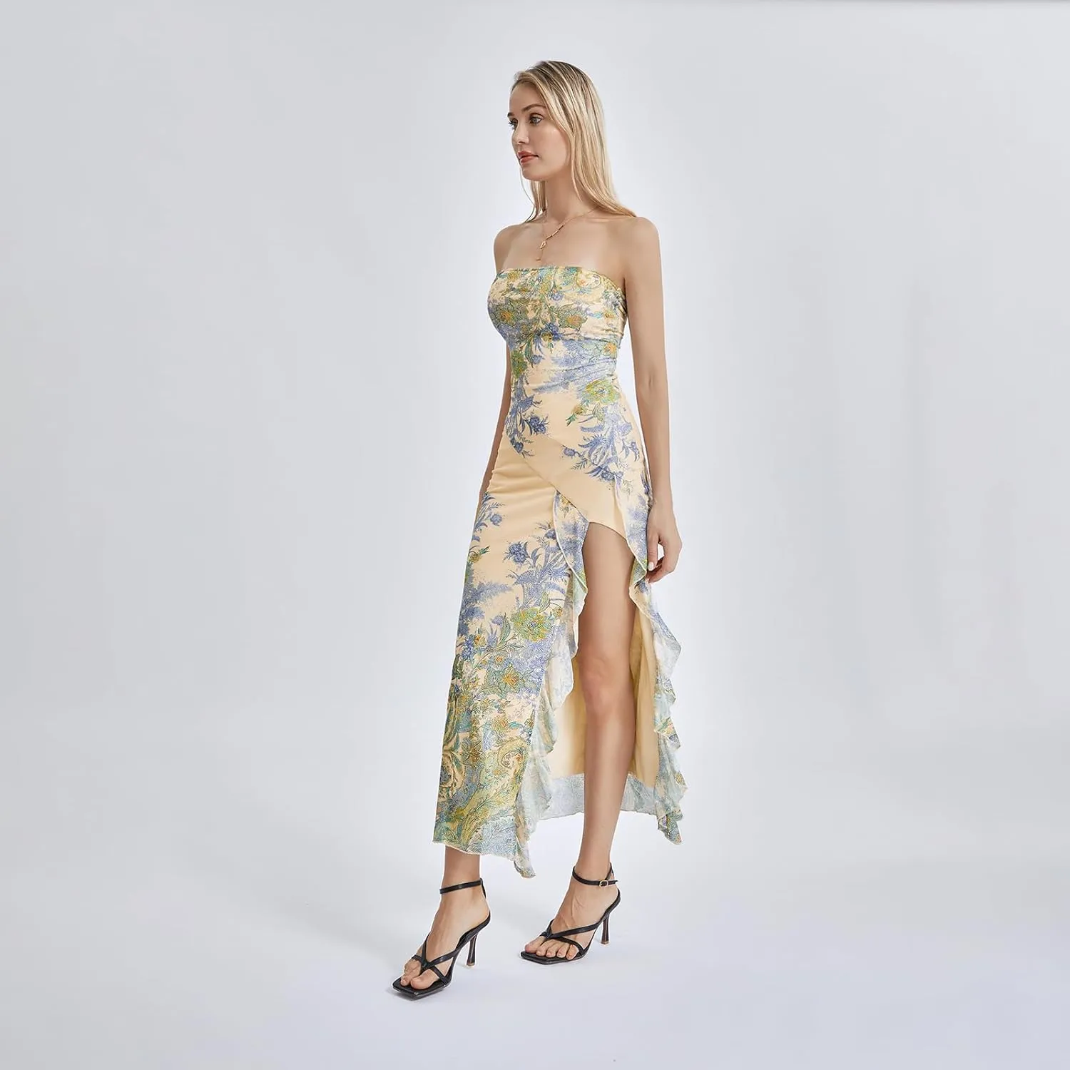 Women's Tube Top Dress Sexy Strapless Mesh Backless High Slit Long Dress Summer Party Ruched Bodycon Maxi Sundress