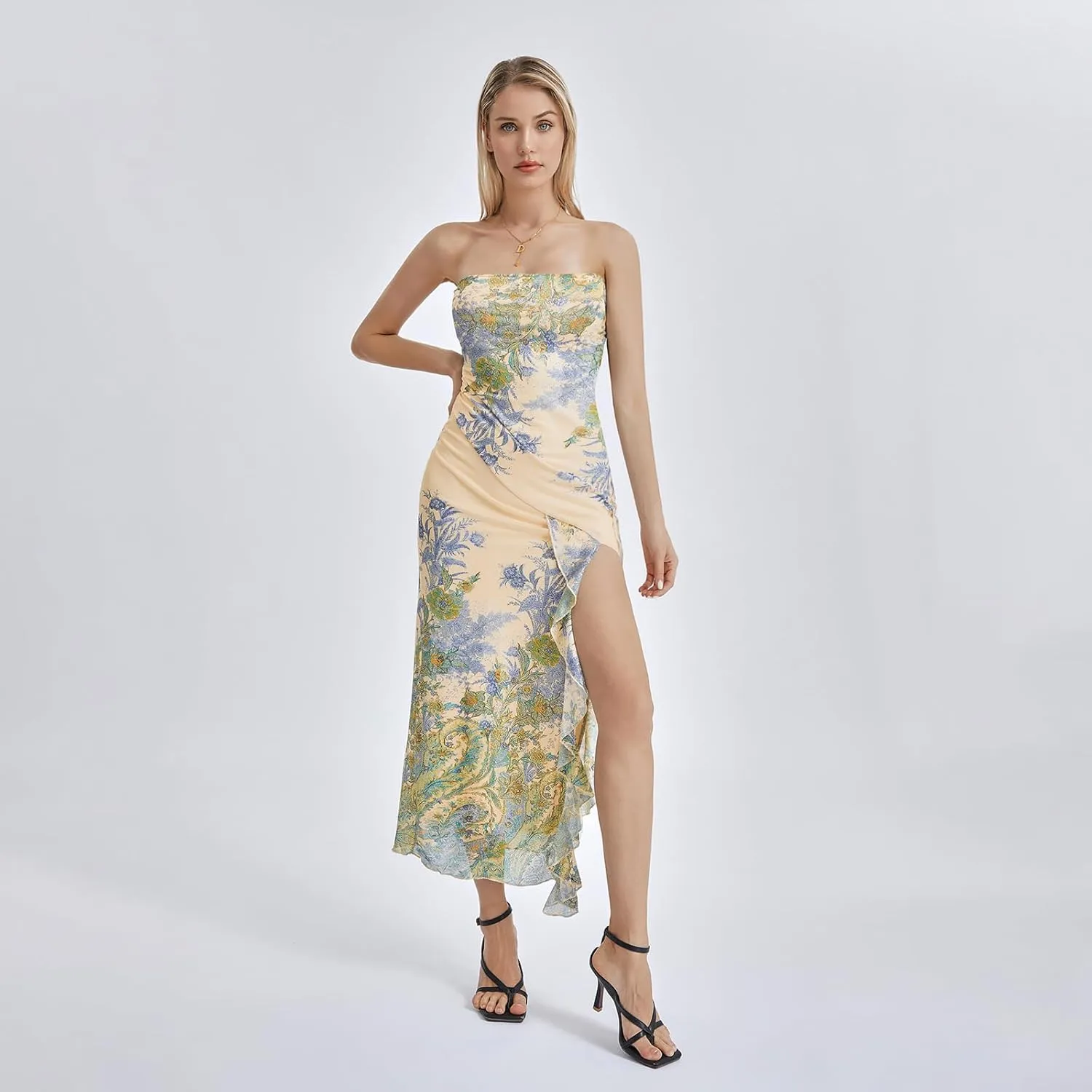 Women's Tube Top Dress Sexy Strapless Mesh Backless High Slit Long Dress Summer Party Ruched Bodycon Maxi Sundress