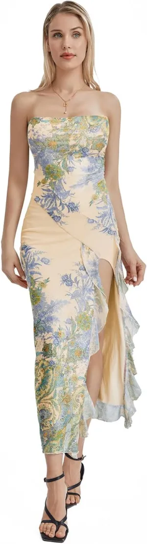 Women's Tube Top Dress Sexy Strapless Mesh Backless High Slit Long Dress Summer Party Ruched Bodycon Maxi Sundress