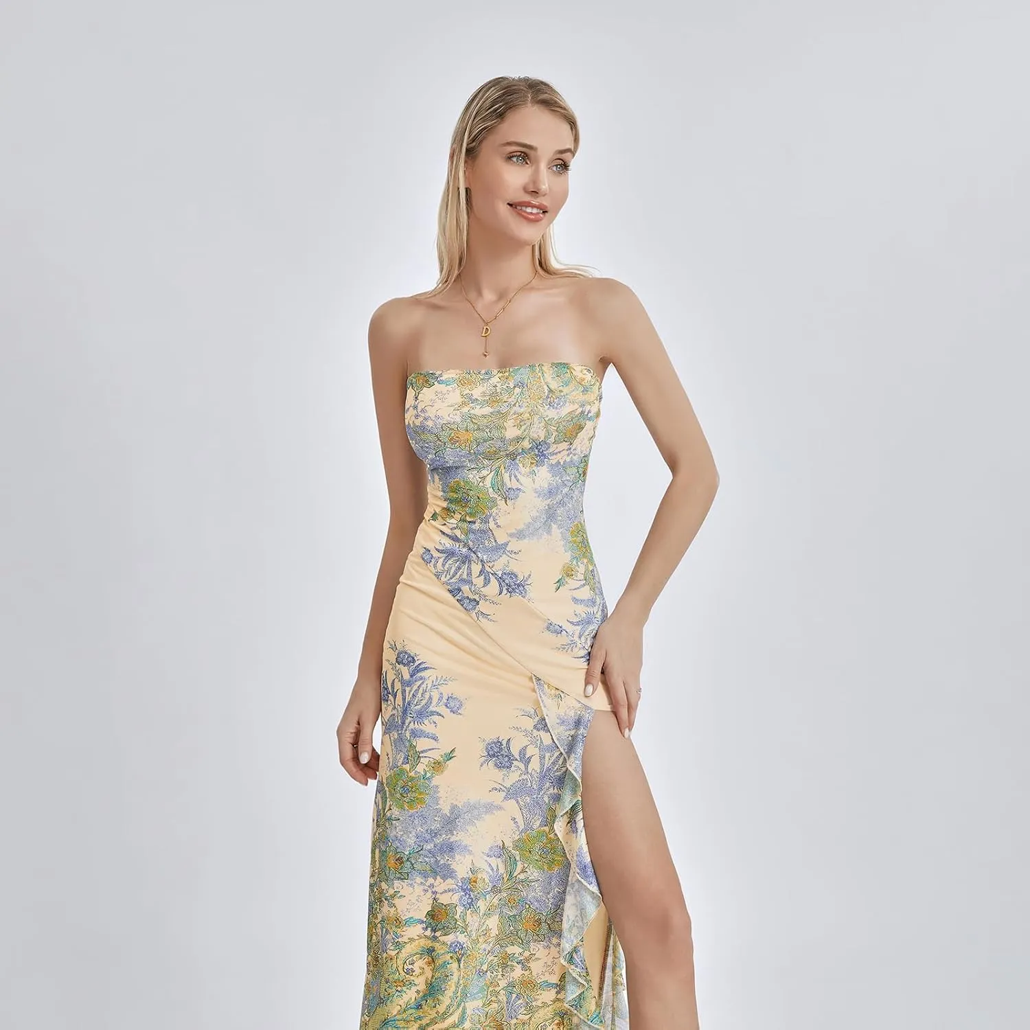 Women's Tube Top Dress Sexy Strapless Mesh Backless High Slit Long Dress Summer Party Ruched Bodycon Maxi Sundress