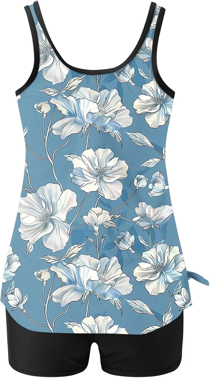Womens Two Piece Tankini Bathing Suits Blouson Swim Tank Tops with with High Waist Tummy Control Boy Shorts Siwmwear