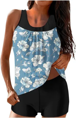 Womens Two Piece Tankini Bathing Suits Blouson Swim Tank Tops with with High Waist Tummy Control Boy Shorts Siwmwear