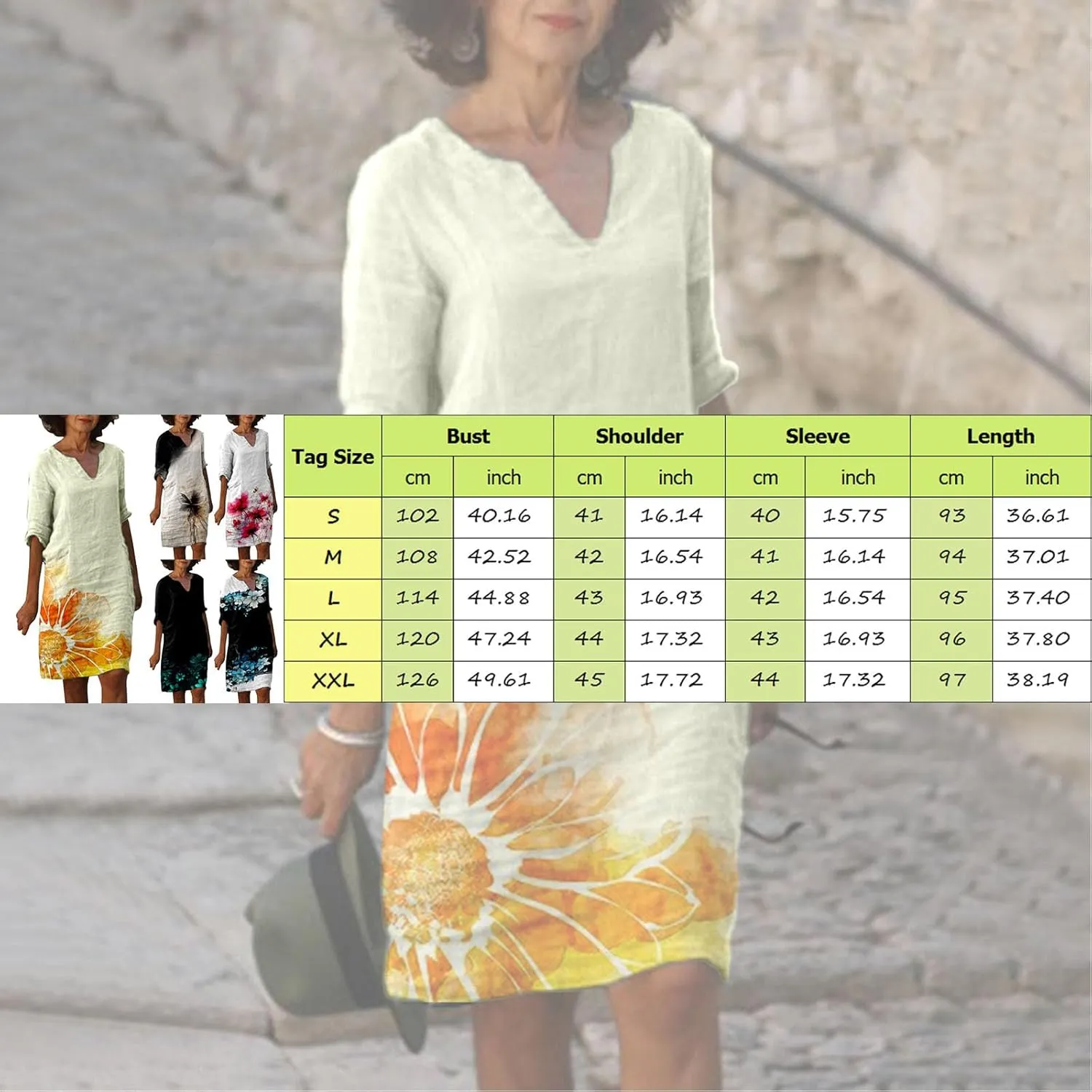 Womens V Neck Cotton Linen Dress Casual Loose Shift Tunic Summer Dresses Vintage Print 3/4 Sleeve Vacation Sundress 1
