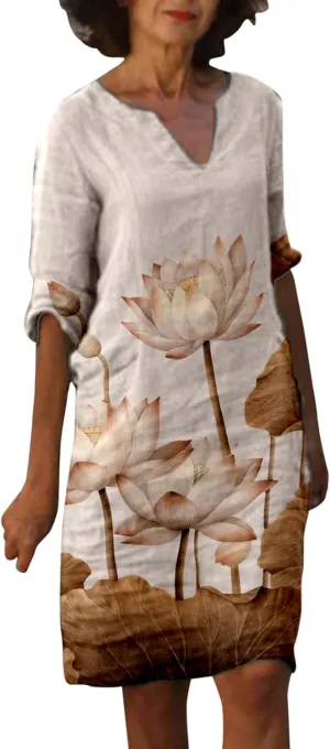 Womens V Neck Cotton Linen Dress Casual Loose Shift Tunic Summer Dresses Vintage Print 3/4 Sleeve Vacation Sundress 1