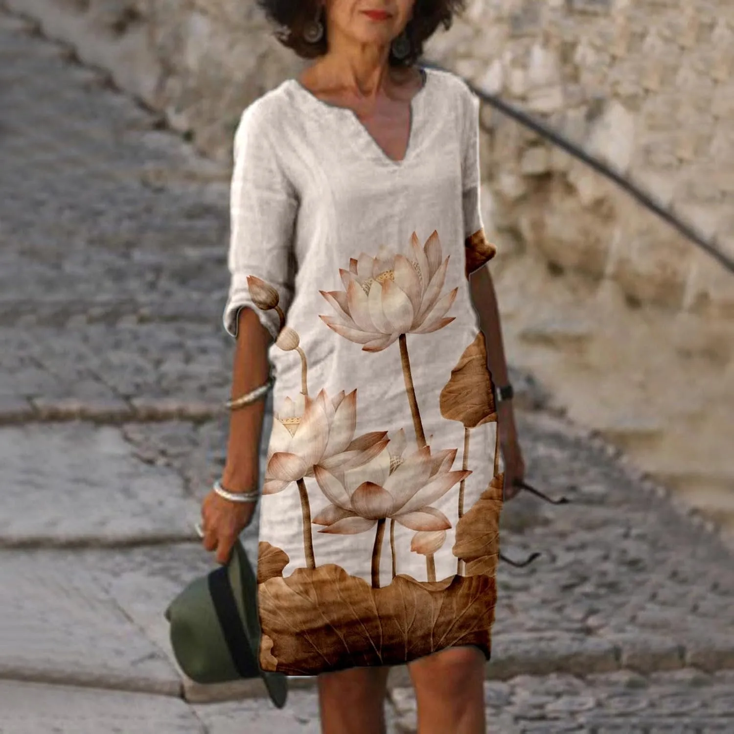 Womens V Neck Cotton Linen Dress Casual Loose Shift Tunic Summer Dresses Vintage Print 3/4 Sleeve Vacation Sundress 1