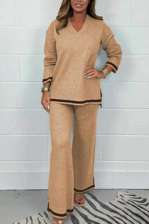 Women's V-Neck Soft Knit Border Edge Trouser Co-Ord✨ Free Shipping Worldwide Delivery