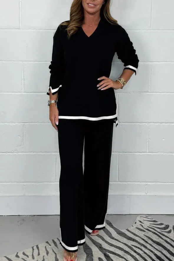 Women's V-Neck Soft Knit Border Edge Trouser Co-Ord✨ Free Shipping Worldwide Delivery