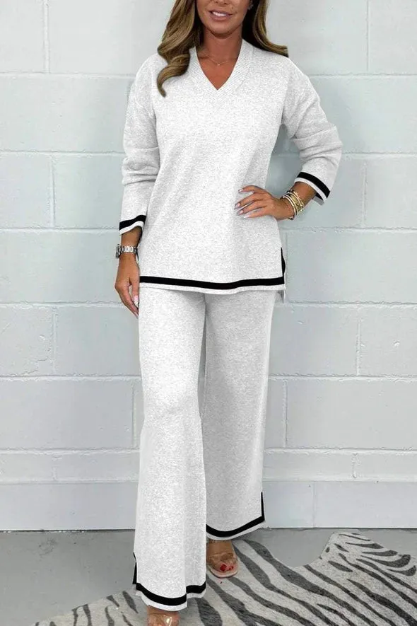 Women's V-Neck Soft Knit Border Edge Trouser Co-Ord✨ Free Shipping Worldwide Delivery