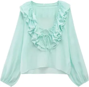 Women's Versatile V-Neck Loose Long Sleeved Ruffled Bow Tie Shirt Top