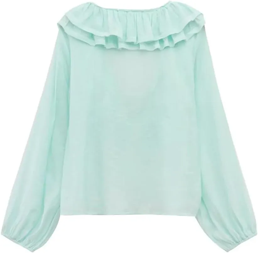 Women's Versatile V-Neck Loose Long Sleeved Ruffled Bow Tie Shirt Top