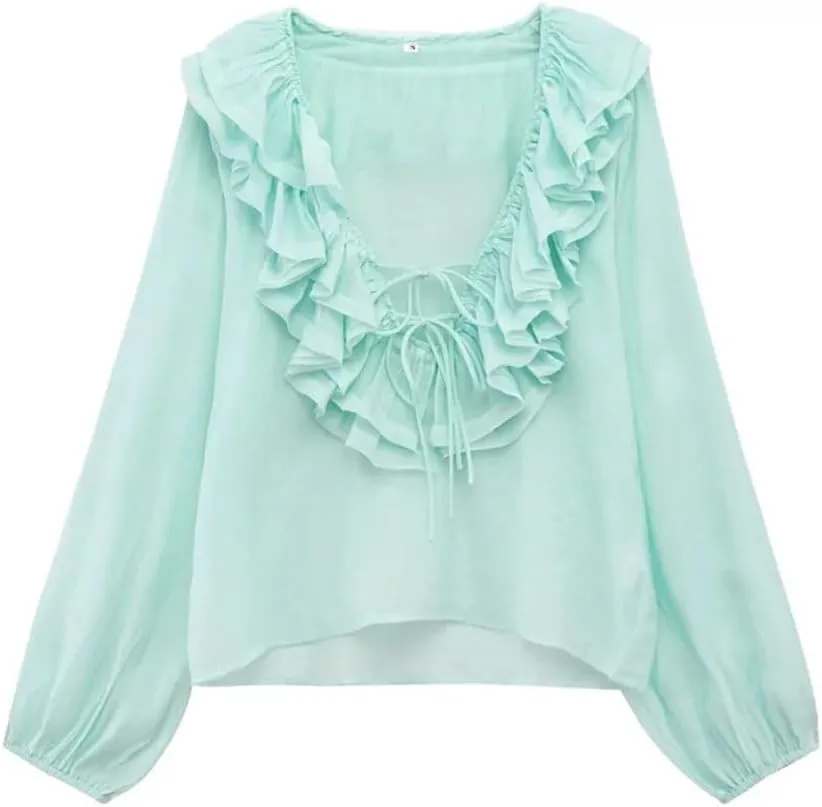 Women's Versatile V-Neck Loose Long Sleeved Ruffled Bow Tie Shirt Top