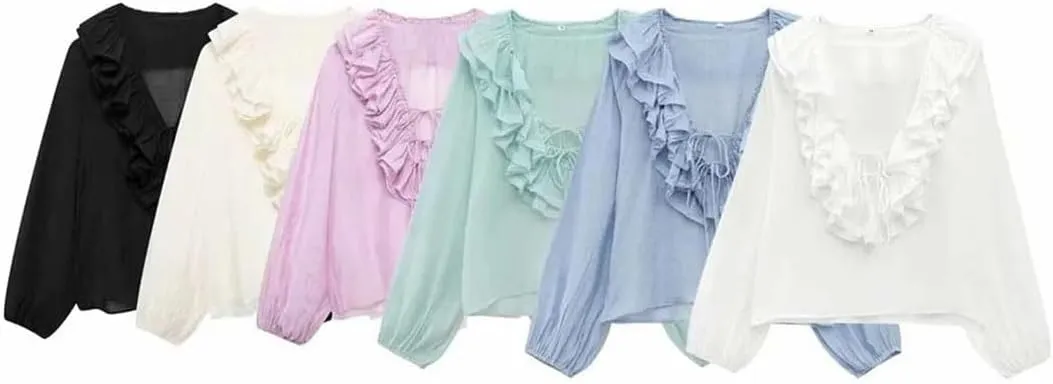 Women's Versatile V-Neck Loose Long Sleeved Ruffled Bow Tie Shirt Top