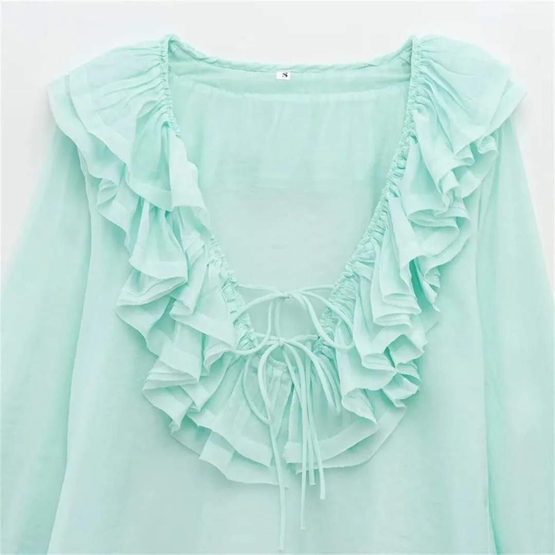 Women's Versatile V-Neck Loose Long Sleeved Ruffled Bow Tie Shirt Top