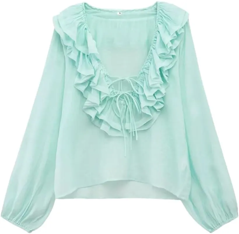 Women's Versatile V-Neck Loose Long Sleeved Ruffled Bow Tie Shirt Top