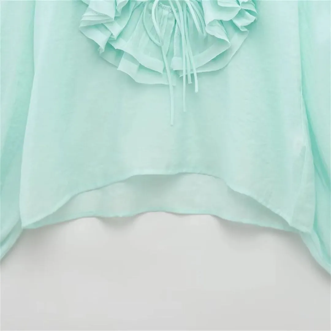 Women's Versatile V-Neck Loose Long Sleeved Ruffled Bow Tie Shirt Top