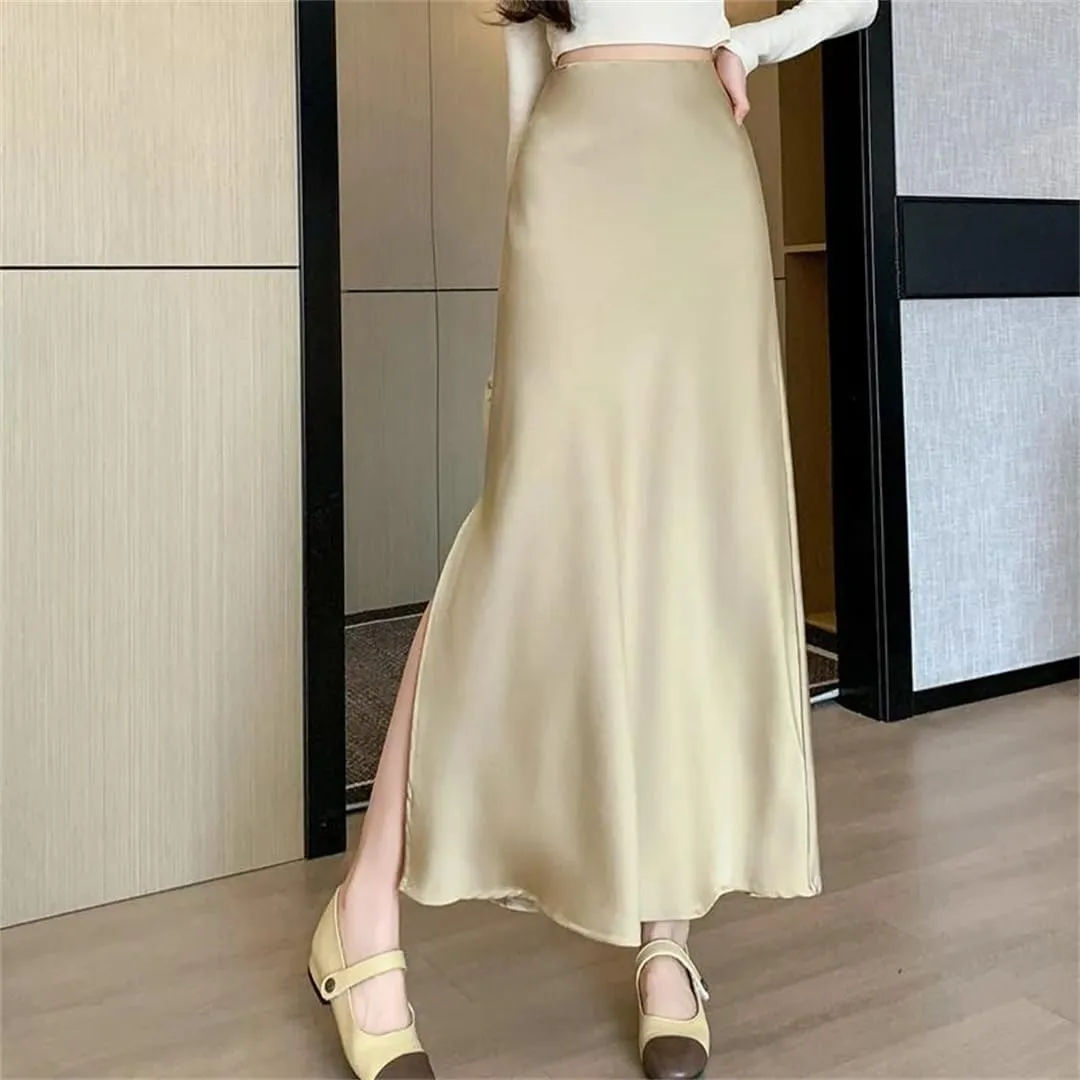 Women's Vintage Satin Skirts Elegant Office Mid Length Split A-Line Wrapped Fishtail Long Skirts