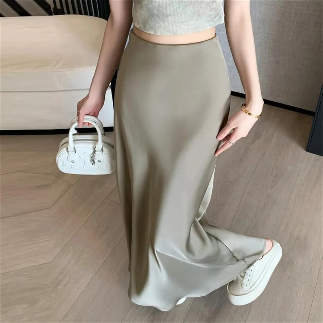 Women's Vintage Satin Skirts Elegant Office Mid Length Split A-Line Wrapped Fishtail Long Skirts