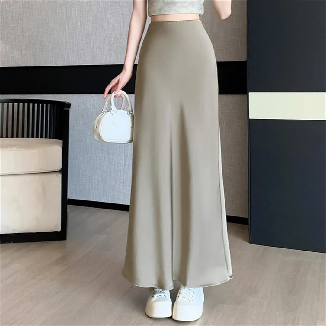 Women's Vintage Satin Skirts Elegant Office Mid Length Split A-Line Wrapped Fishtail Long Skirts