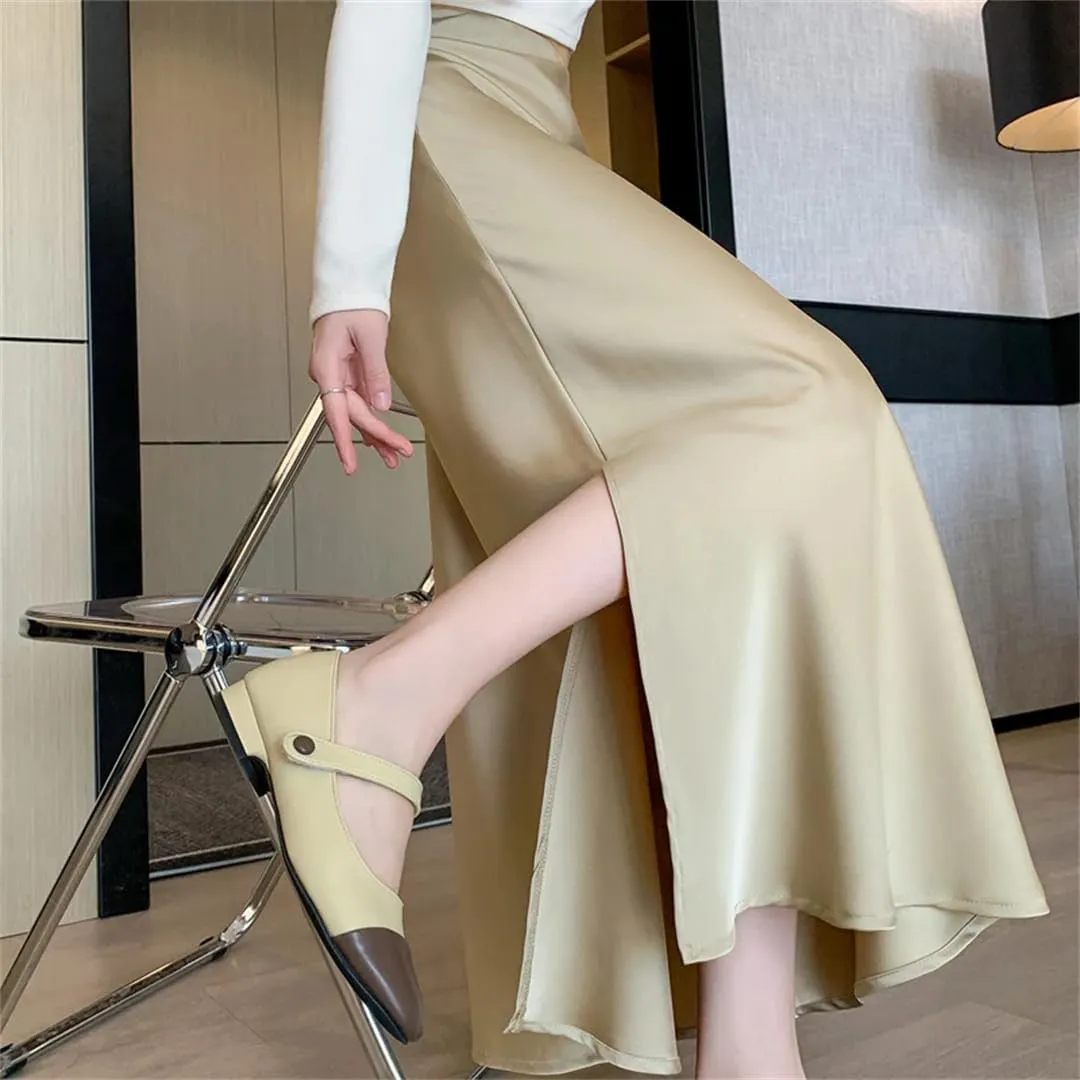 Women's Vintage Satin Skirts Elegant Office Mid Length Split A-Line Wrapped Fishtail Long Skirts