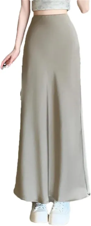Women's Vintage Satin Skirts Elegant Office Mid Length Split A-Line Wrapped Fishtail Long Skirts