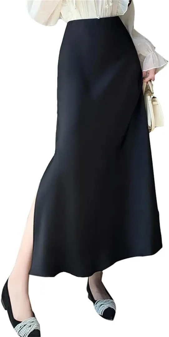 Women's Vintage Satin Skirts Elegant Office Mid Length Split A-Line Wrapped Fishtail Long Skirts