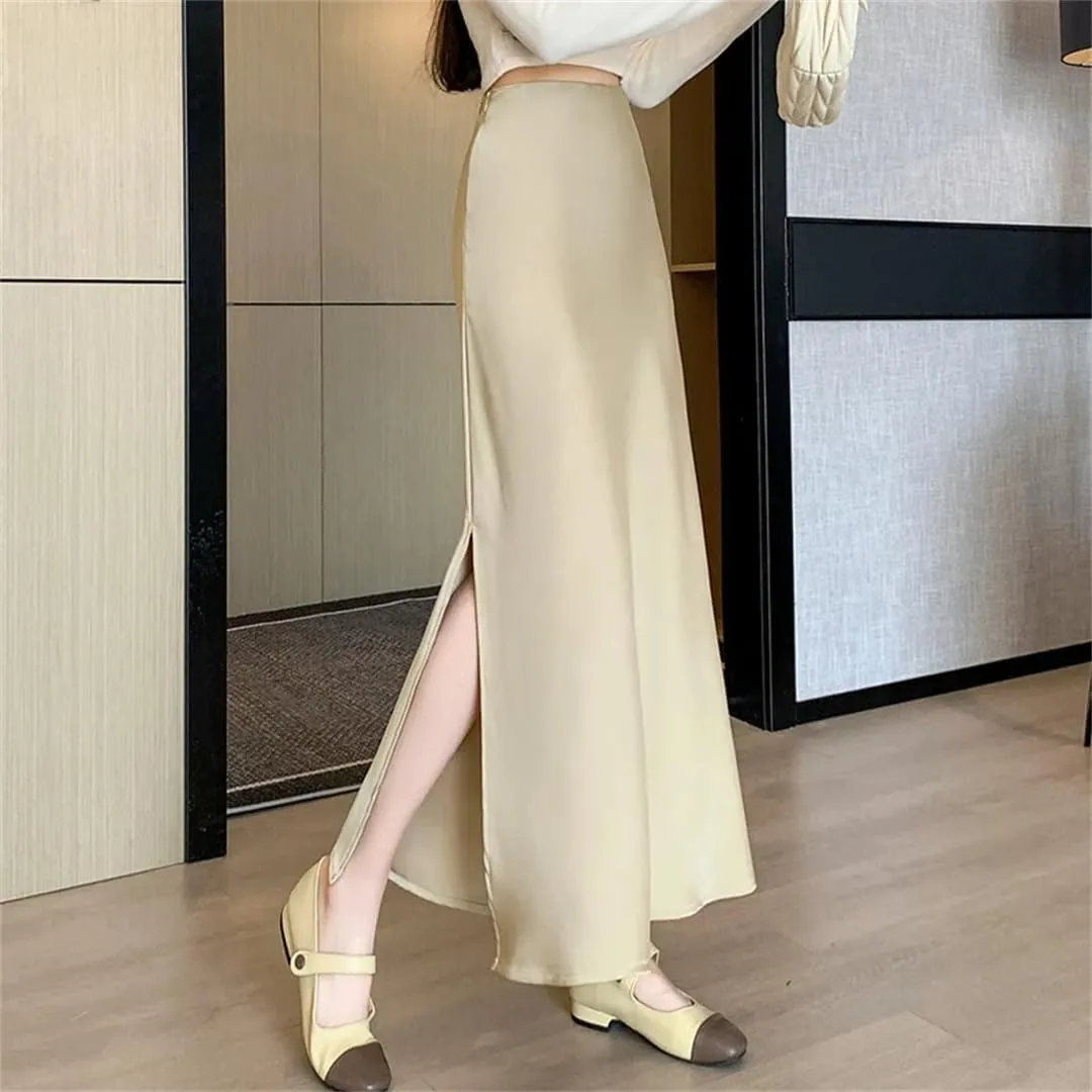 Women's Vintage Satin Skirts Elegant Office Mid Length Split A-Line Wrapped Fishtail Long Skirts