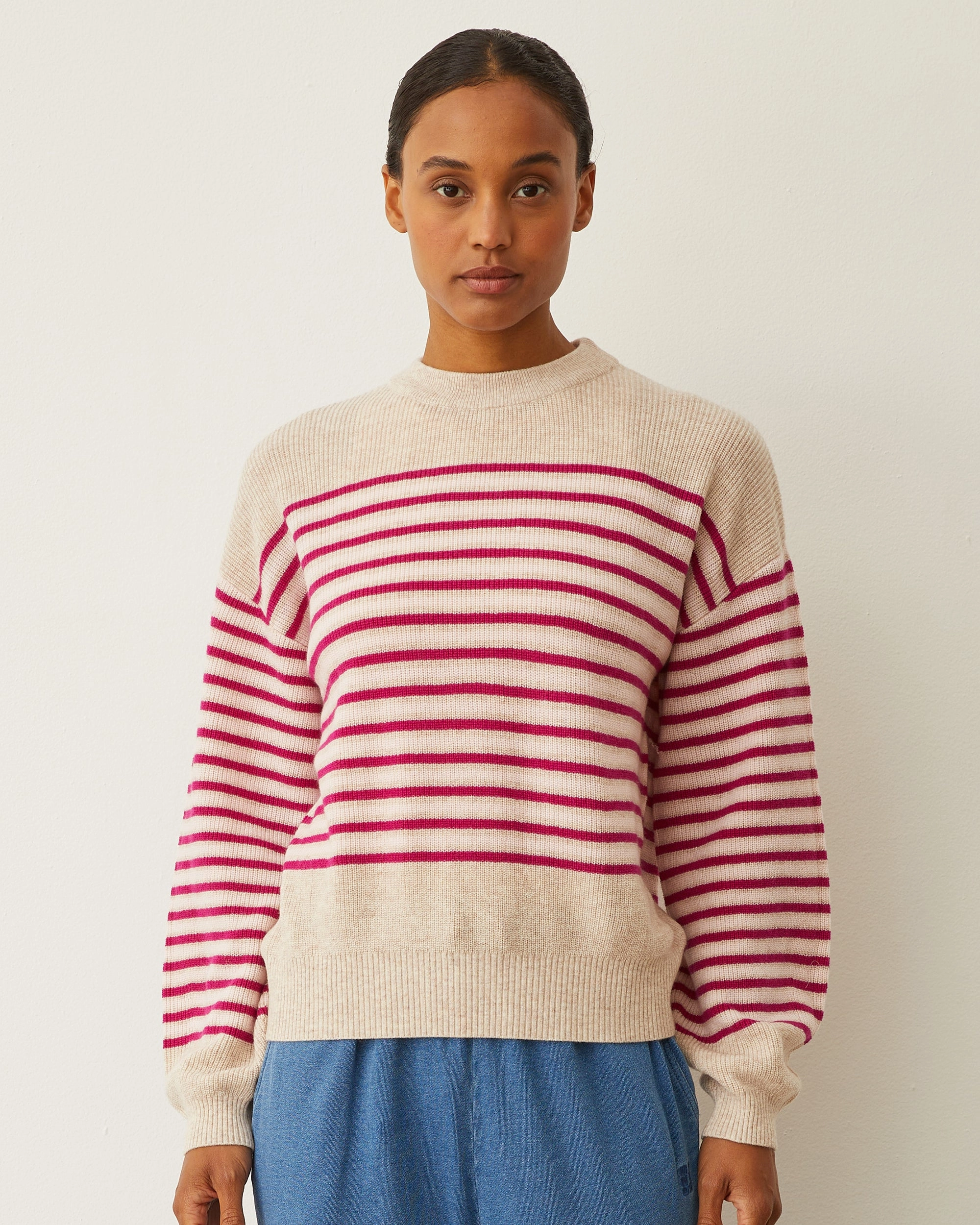 Wool Cashmere Stripe Sweater Stretch Waistband Design