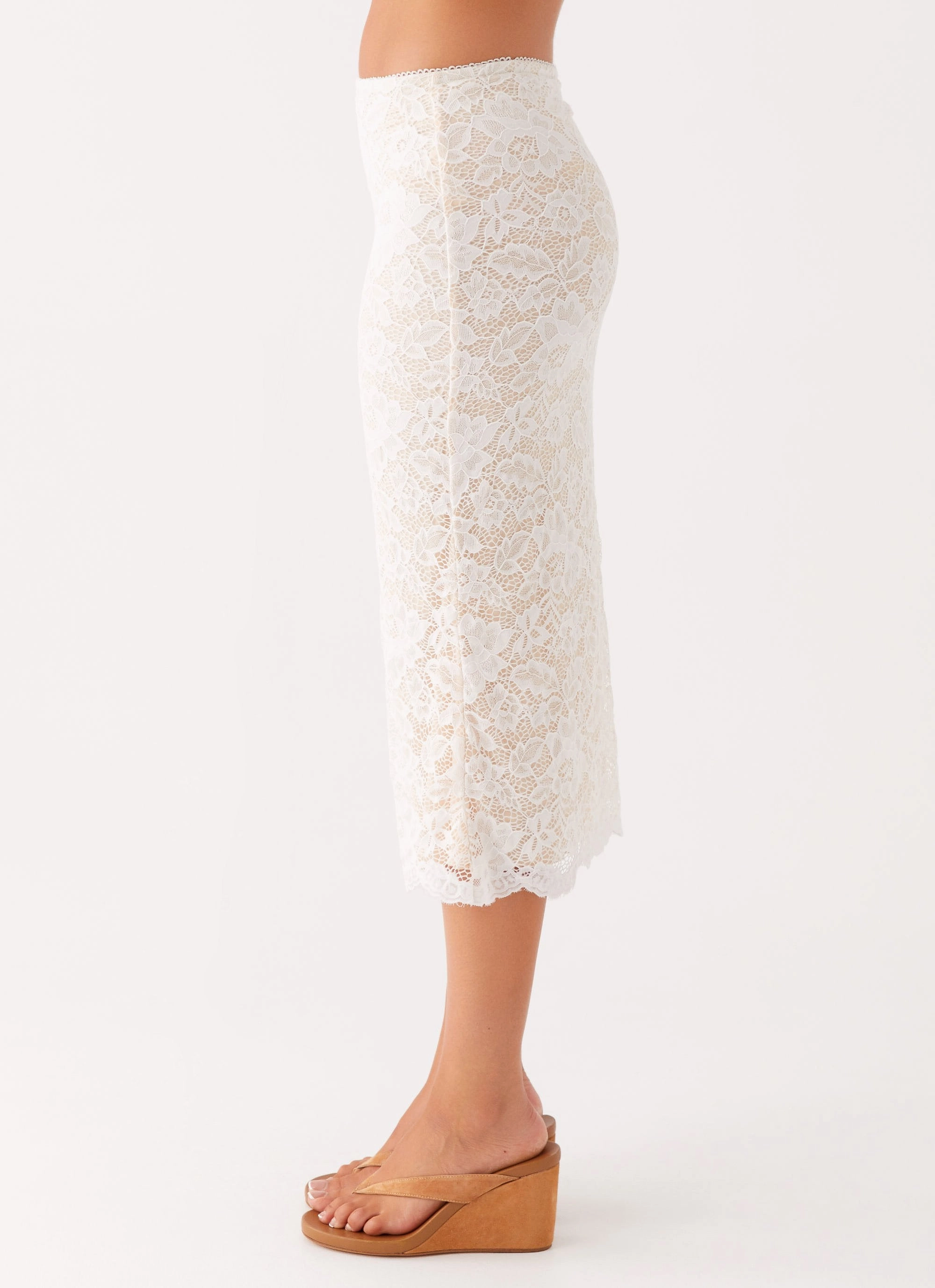 Crystal Clear Lace Midi Skirt - Ivory Mid Rise Performance Fit