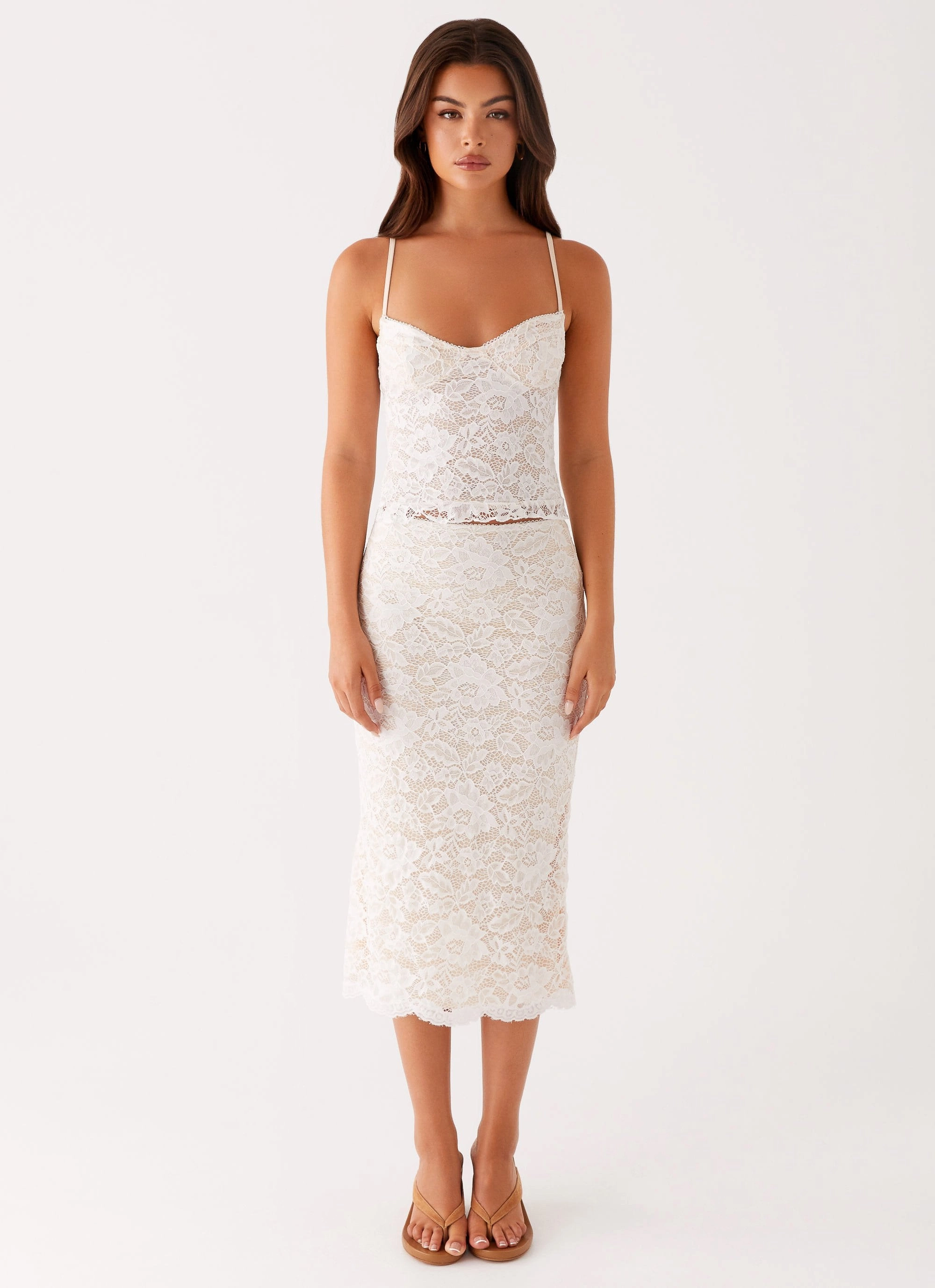Crystal Clear Lace Midi Skirt - Ivory Snug Fit
