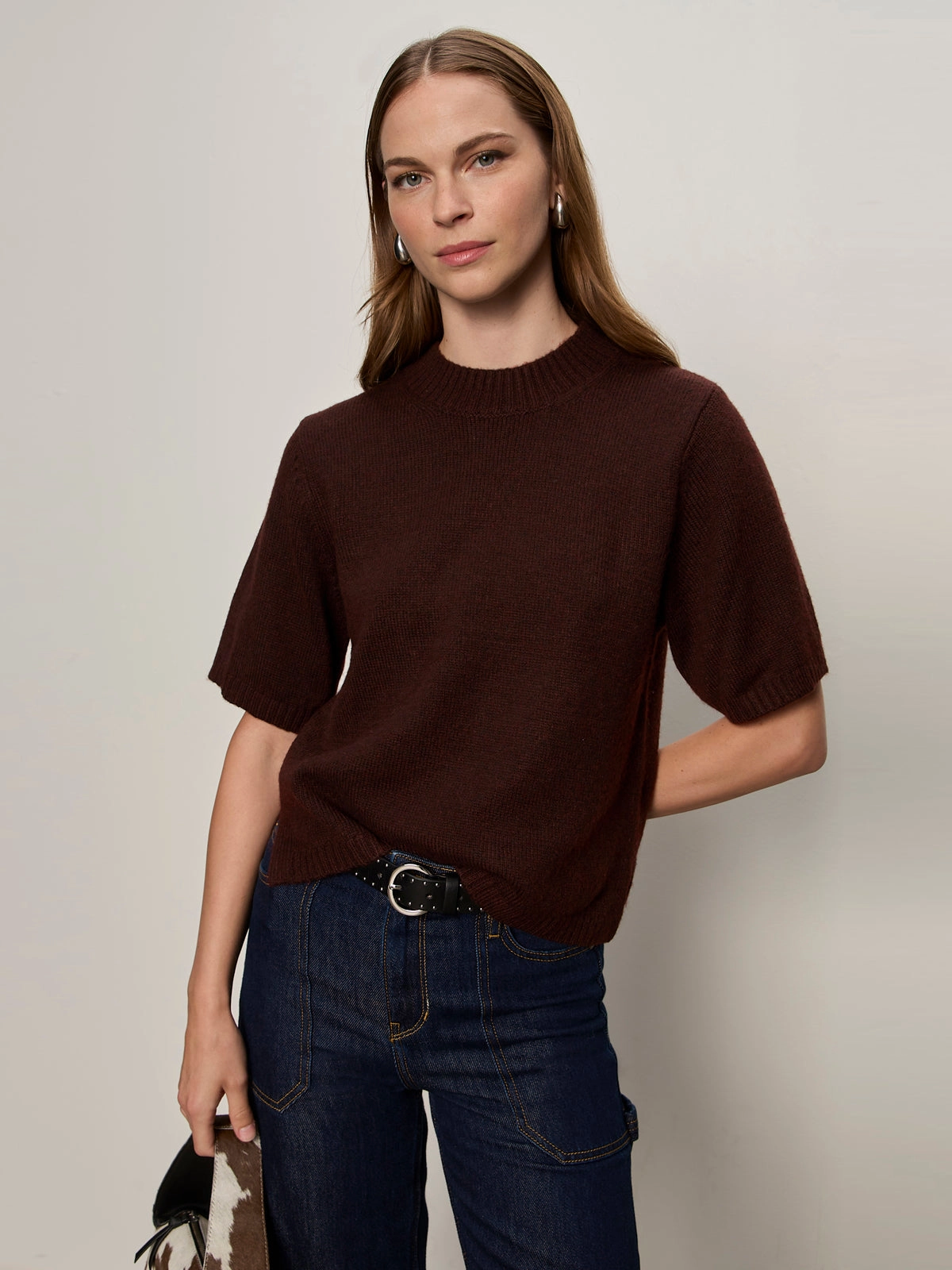 Perfect Sweater Tee Dark Crimson MoistureWicking Textured Weave Interlock Ribbed Collar