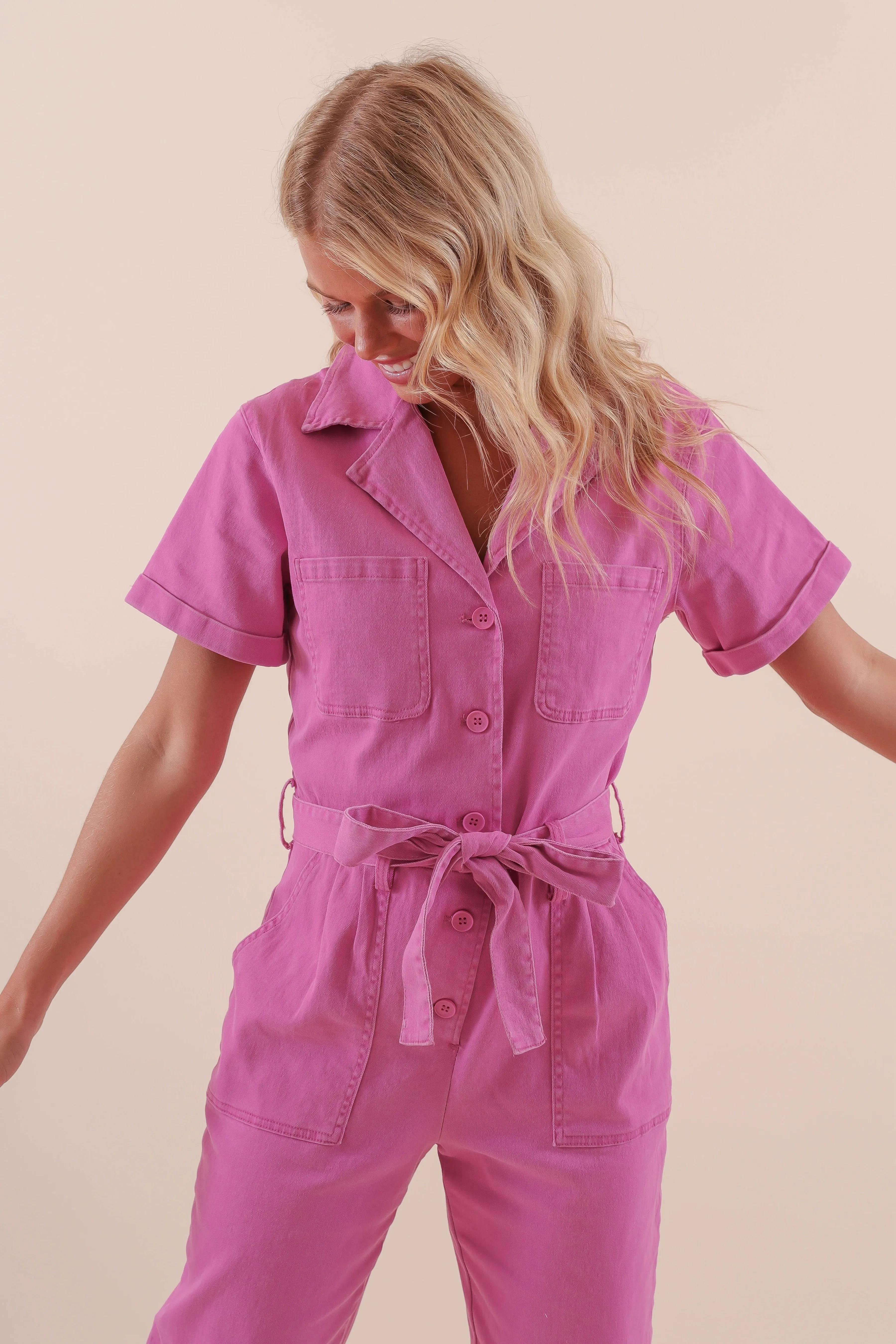 All Time Use Casual Comfort Fit Working On Myself Jumpsuit-Magenta
